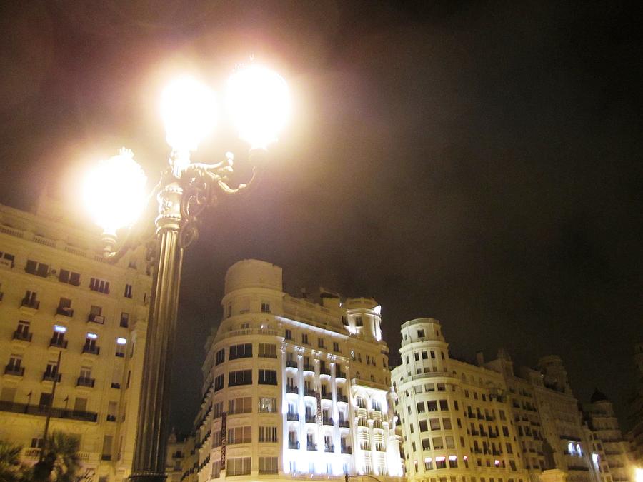 Tall Lamp Post Brightens Up The Streets of Valencia in a Foggy Summer Night in Spain Photograph by John Shiron