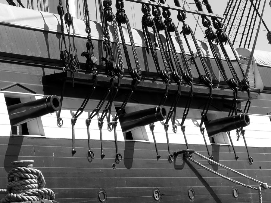 Baltimore Photograph - Tall Ship Canons Black and White by Darleen Stry