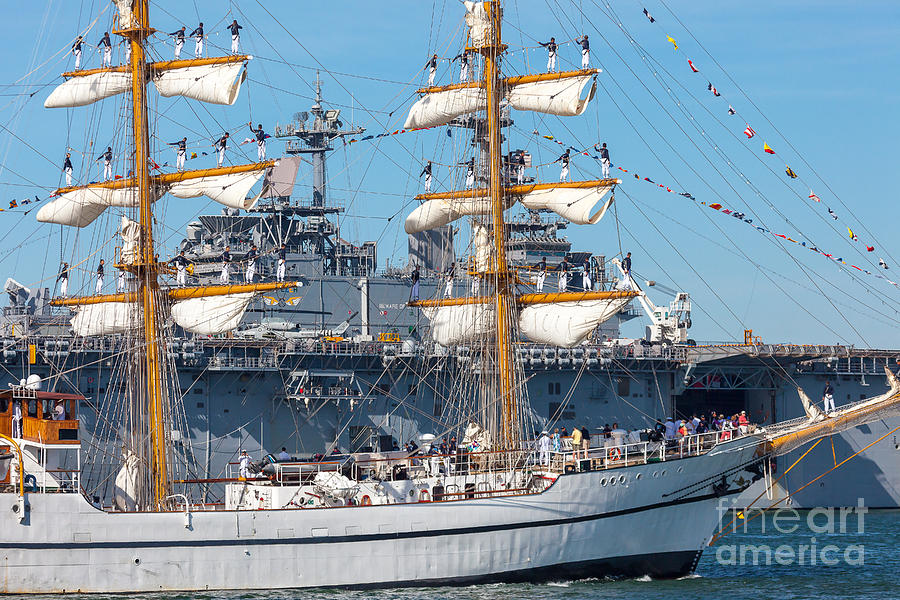 Tall Ship Guayas Salutes the USS Wasp Photograph by Susan Cole Kelly