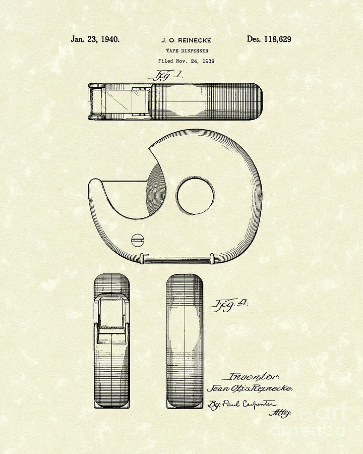 Tape Dispenser 1940 Patent Art Drawing by Prior Art Design