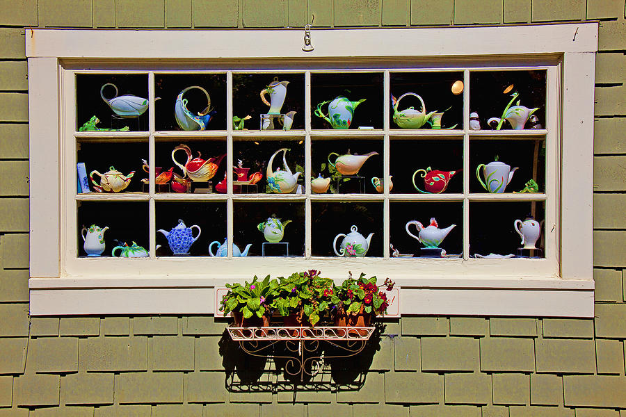 Still Life Photograph - Tea pots in window by Garry Gay