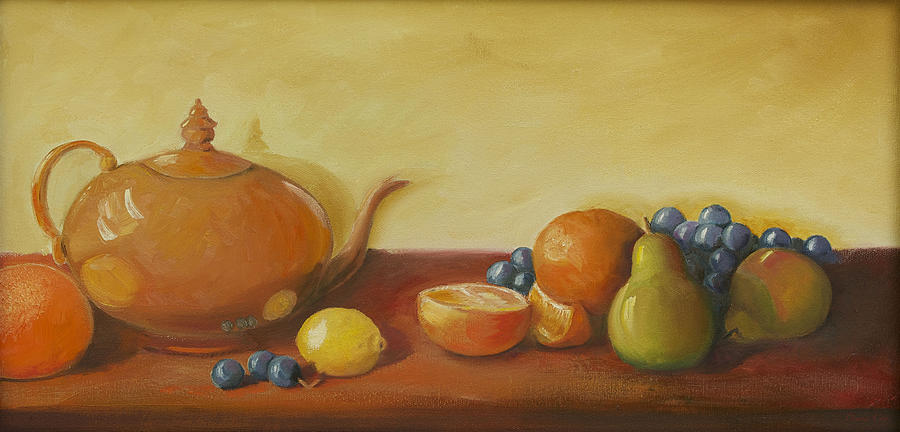 Pear Painting - Teapot and Fruit by Diana Cox