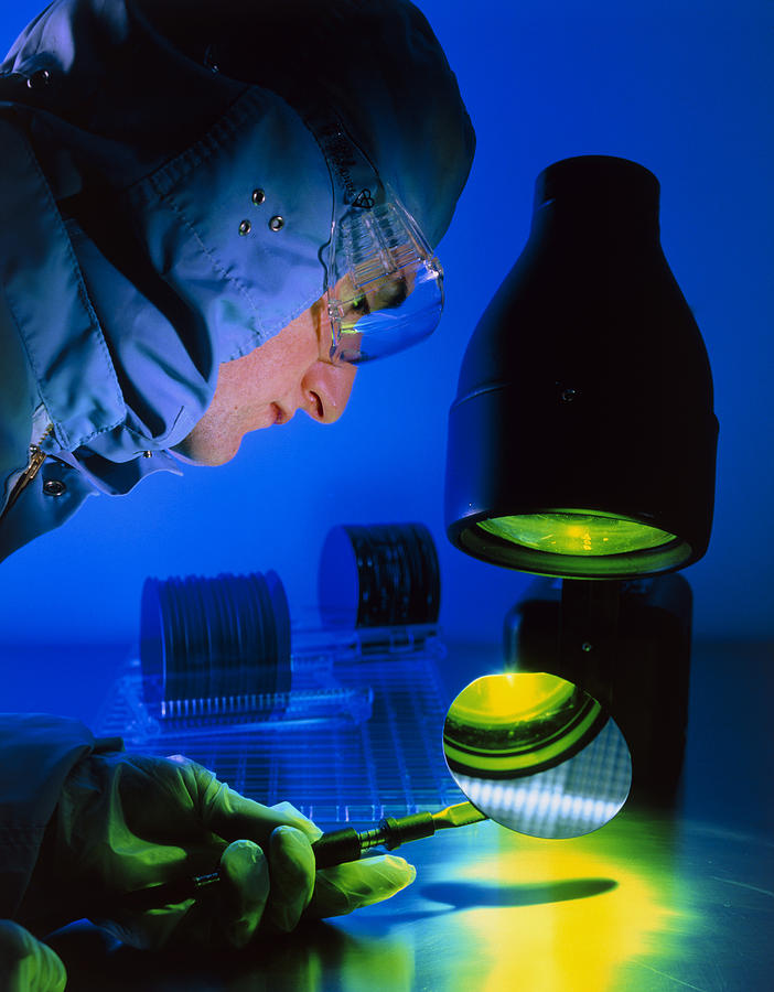 Clean Room Photograph - Technician Inspecting Silicon Wafers by David Parkerseagate Microelectronics Ltd