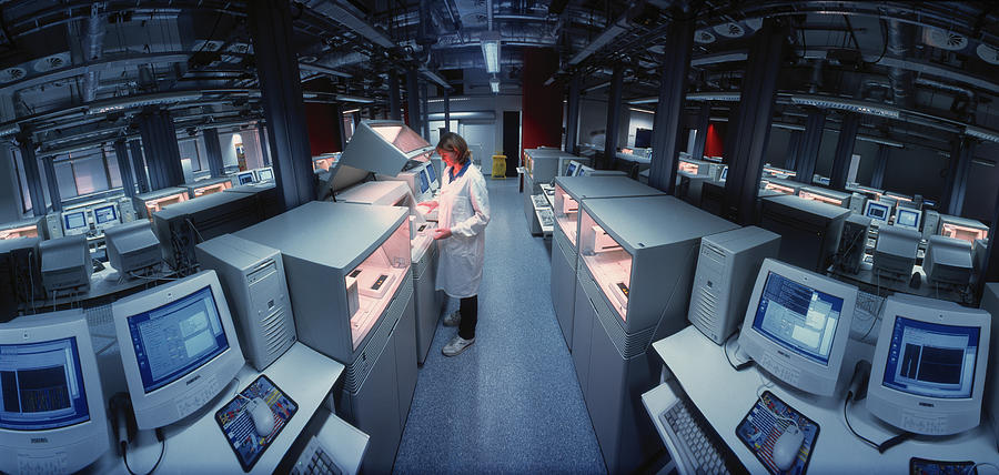 Sanger Centre Photograph - Technician Loading Automated Dna Sequencers by David Parker