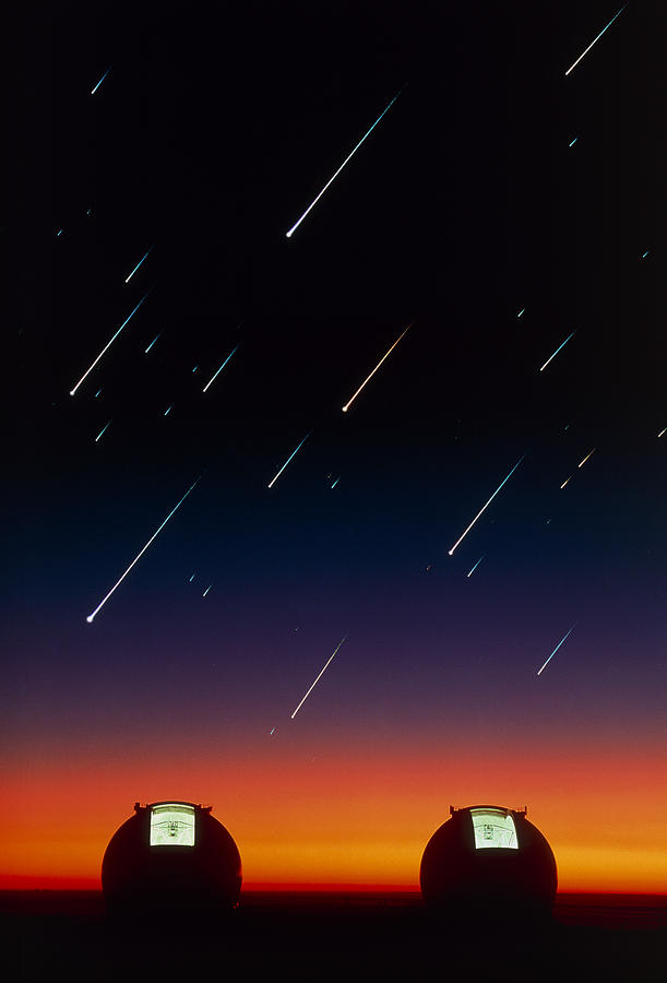 Telescope Photograph - Telescope Domes On Mauna Kea With Meteors by David Nunuk