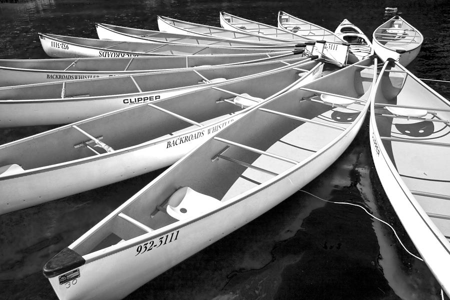 Black And White Photograph - Tethered Whistler Canoes by Randall Nyhof