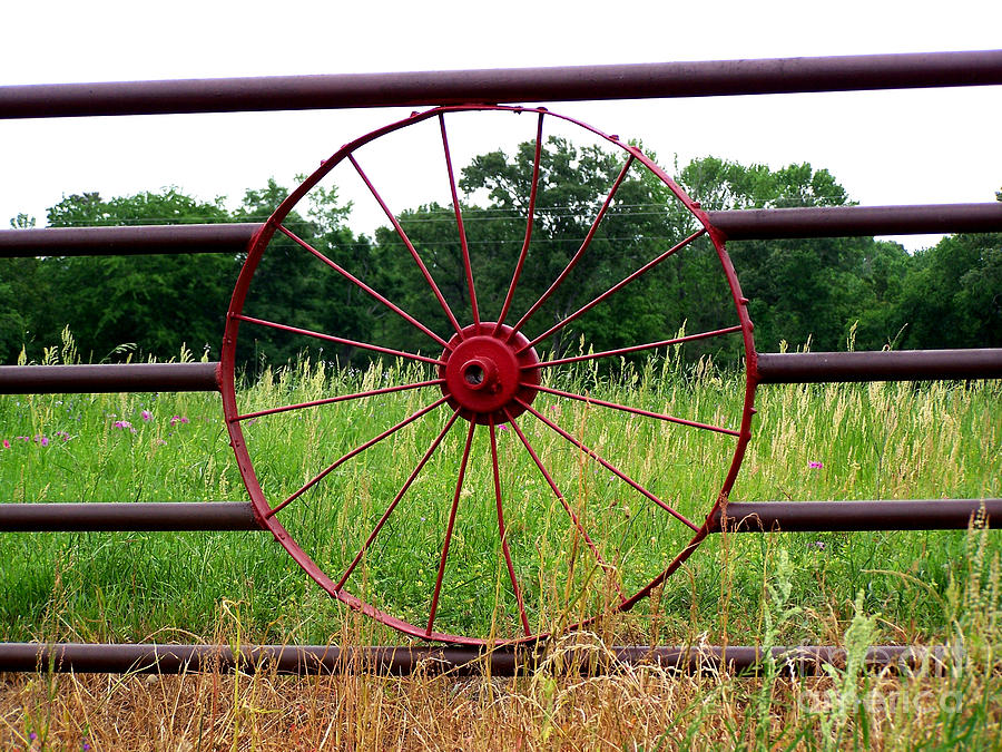 Texas Wildflowers Through Wagon Wheel Photograph by Kathy  White