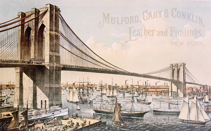 The Brooklyn Bridge, Lithograph 1877 Photograph by Everett