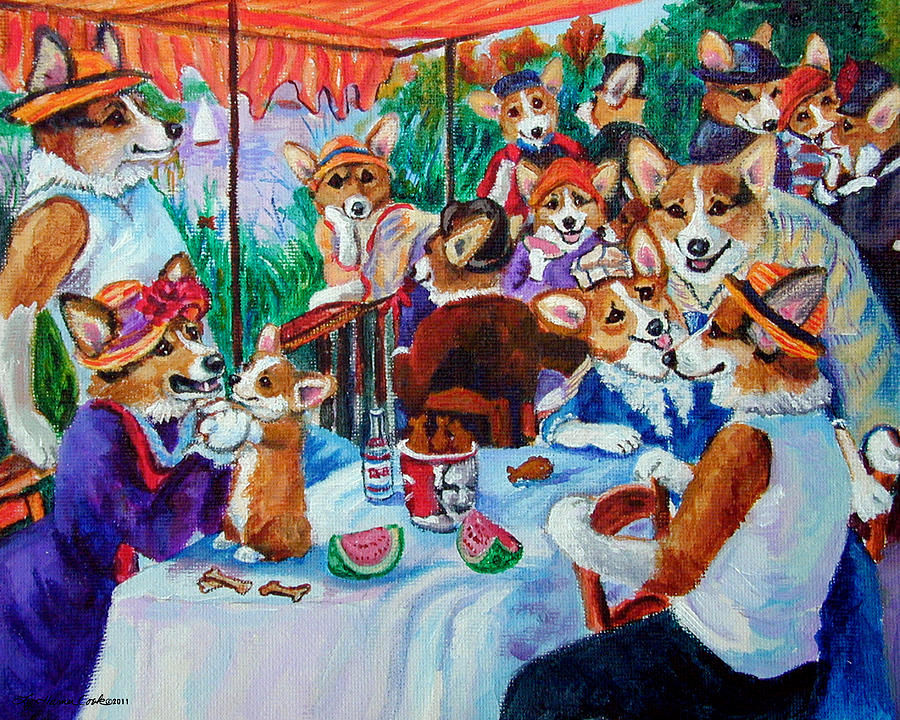 Pierre Auguste Renoir Painting - The Corgi Boating Party after Renoir  by Lyn Cook