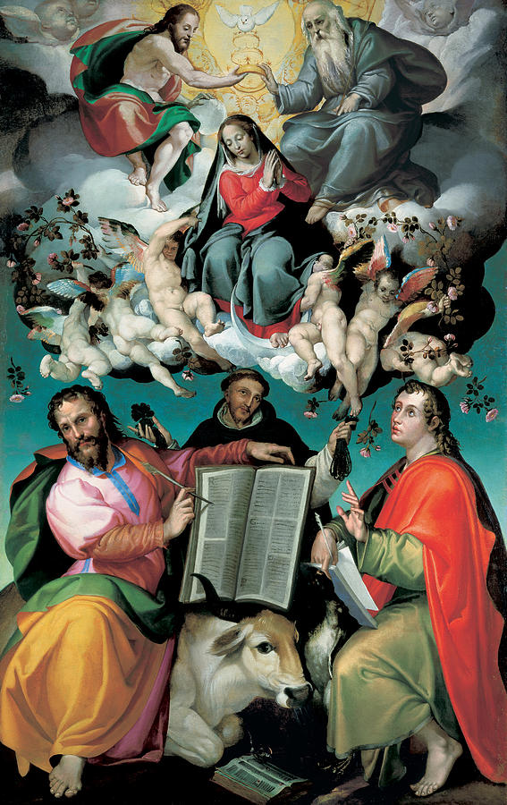 Jesus Christ Painting - The Coronation of the Virgin with Saints Luke Dominic and John the Evangelist by Bartolomeo Passarotti