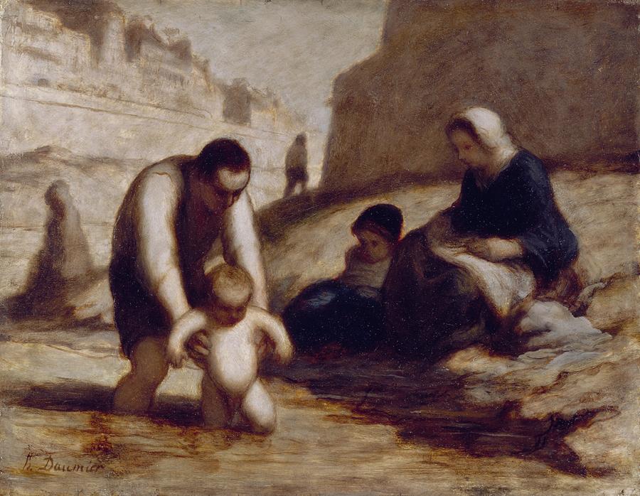 Beach Painting - The First Bath  by Honore Daumier