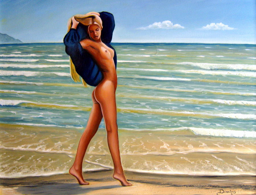 Nude Painting - The girl on the beach by Dimitris Papadakis