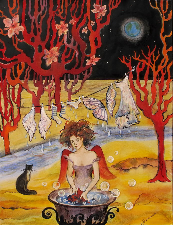 Fantasy Painting - The Laundry day on the Moon by Valentina Plishchina