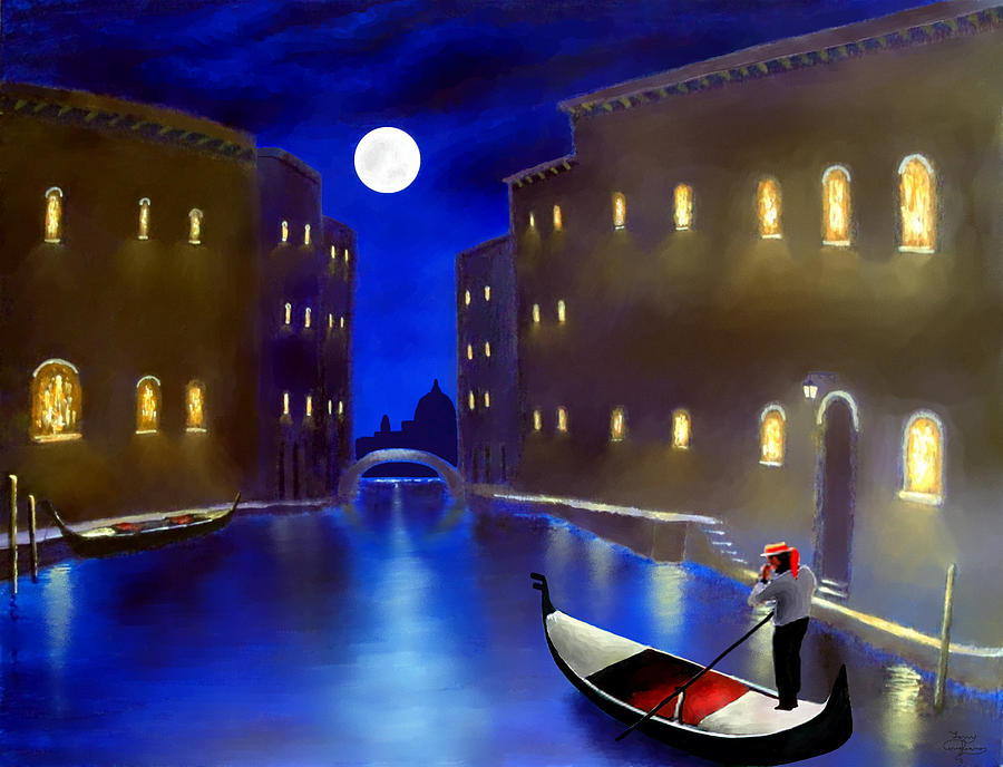 The magic nights of venice lights  Painting by Larry Cirigliano