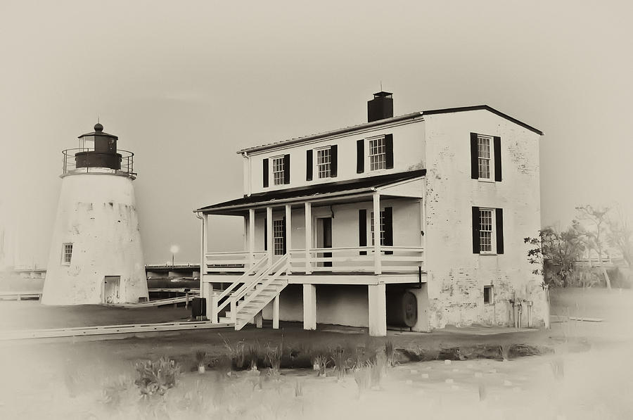 Black And White Photograph - The Piney Point Lighthouse in Sepia by Bill Cannon