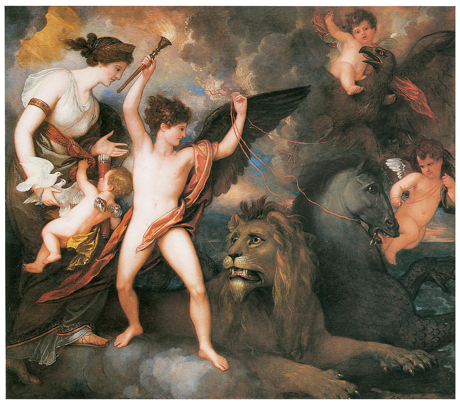 Benjamin West Painting - The Power of Love in the Three Elements by Benjamin West