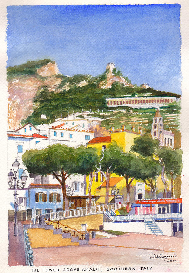 The ruined tower above the beach at Amalfi on the southern Italian coast Painting by Dai Wynn