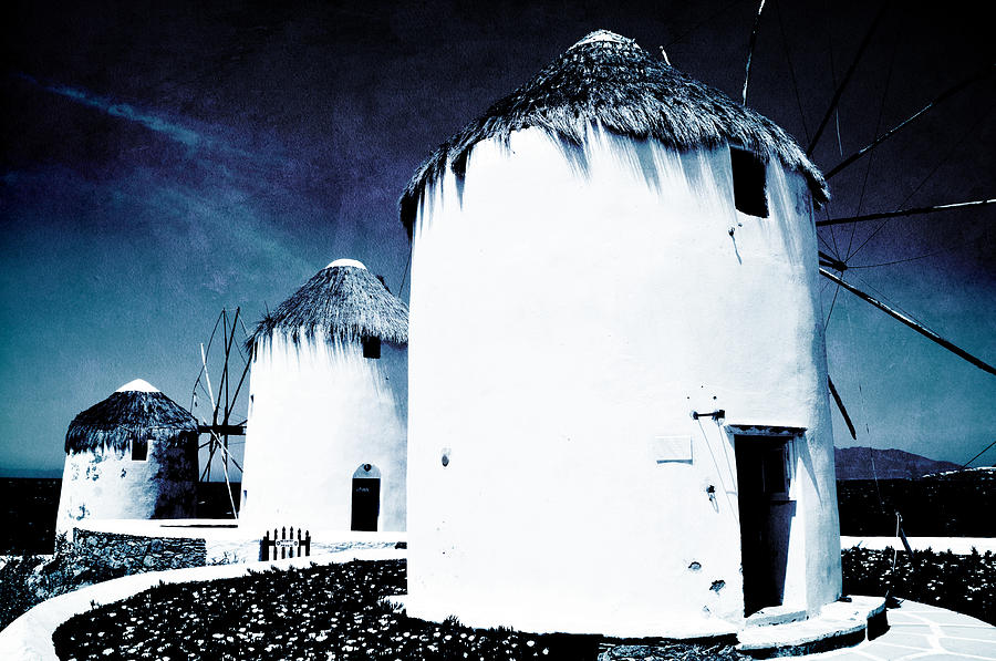 The windmills of Mykonos - textured blue Photograph by Laura Melis