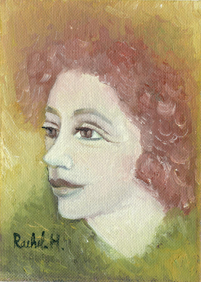 The young Rachel maybe ginger redhead face in green yellow red large eyes plump lips  and neck  Painting by Rachel Hershkovitz