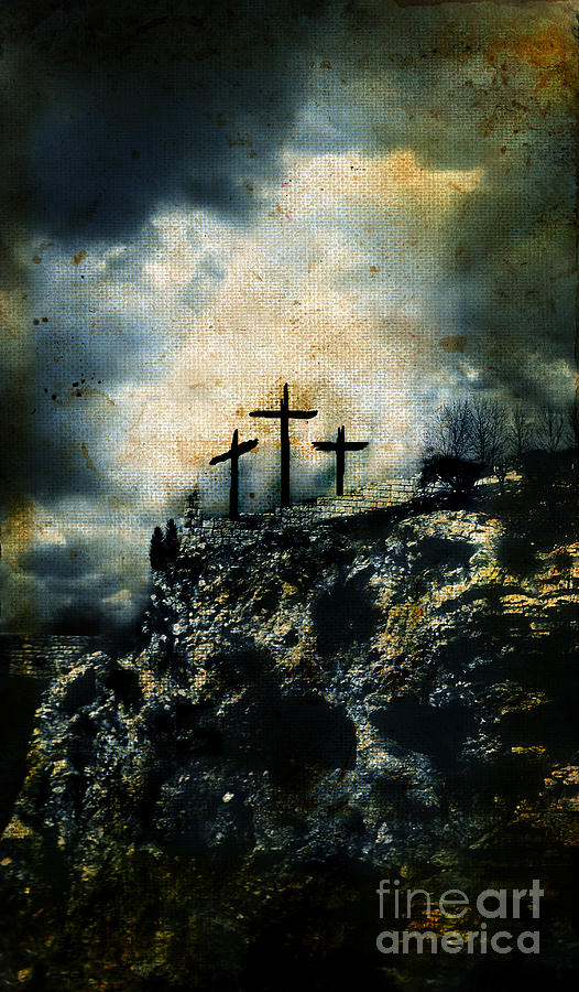 Easter Photograph - Three Crosses on Golgotha Grunge background by Jill Battaglia