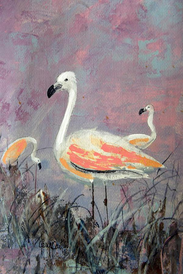 Three Flamingos Painting by Gary Partin