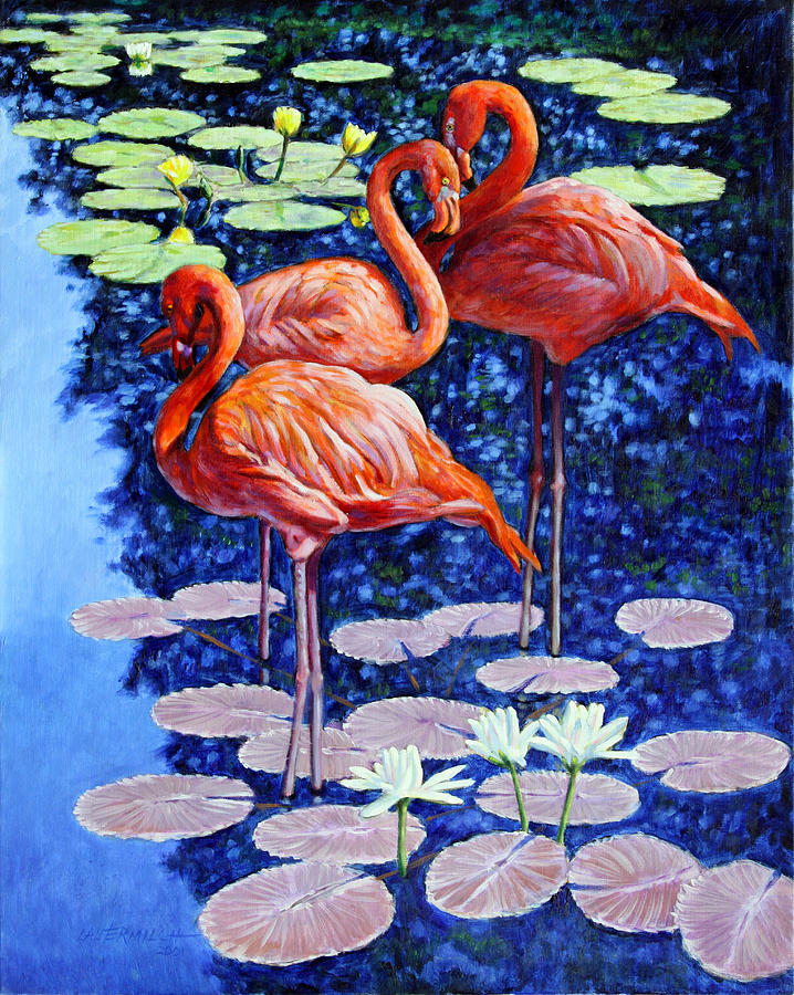 Three Flamingos in Lily Pond Painting by John Lautermilch