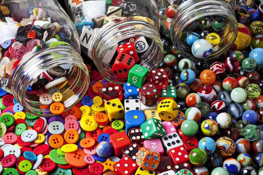 Three jars of buttons dice and marbles Photograph by Garry Gay