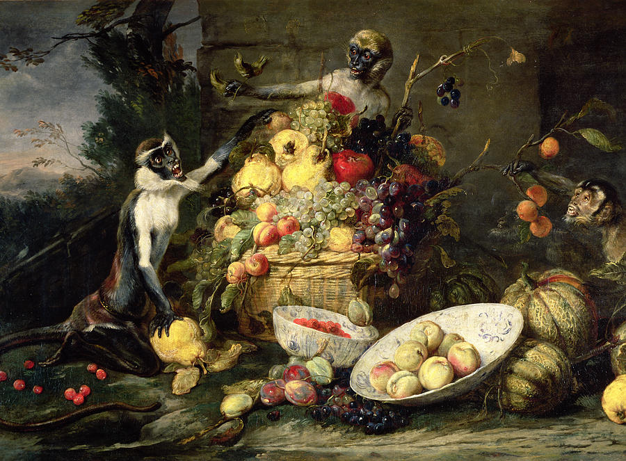 Three Monkeys Stealing Fruit Painting by Frans Snyders