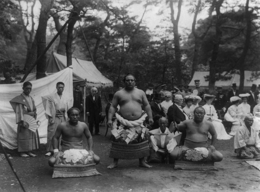 Sports Photograph - Three Sumo Wrestlers Posed Outdoors by Everett