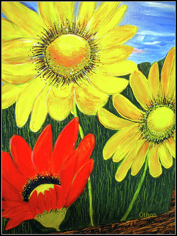 Sunflowers Painting - Three Sunflowers by Kathy Othon