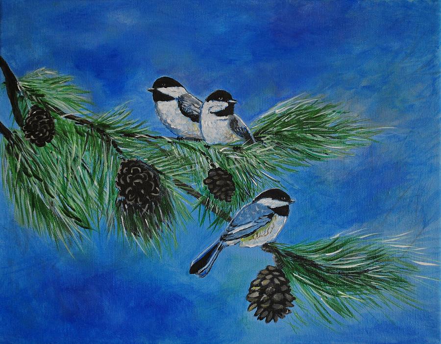 Three Sweet Chickadees Painting by Leslie Allen