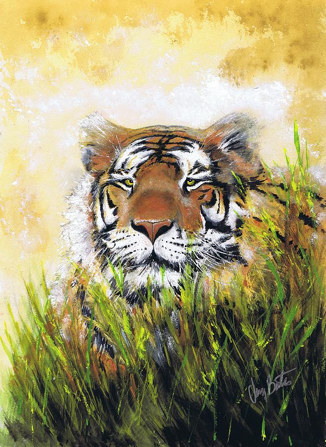 Tiger in Grass Painting by Jerry Bates