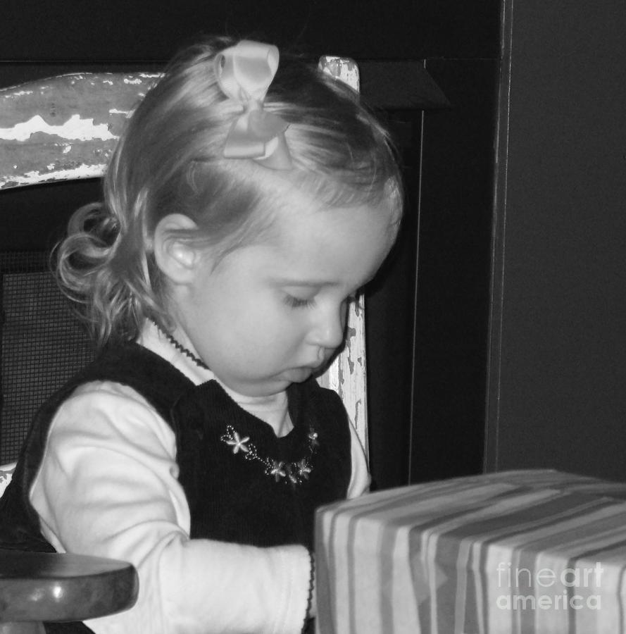 Toddler Opening Her Christmas Present BW Photograph by Connie Fox