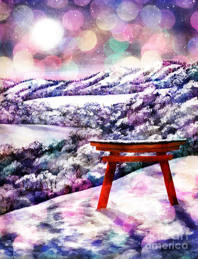 Torii in Rainbow Snowfall Digital Art by Laura Iverson