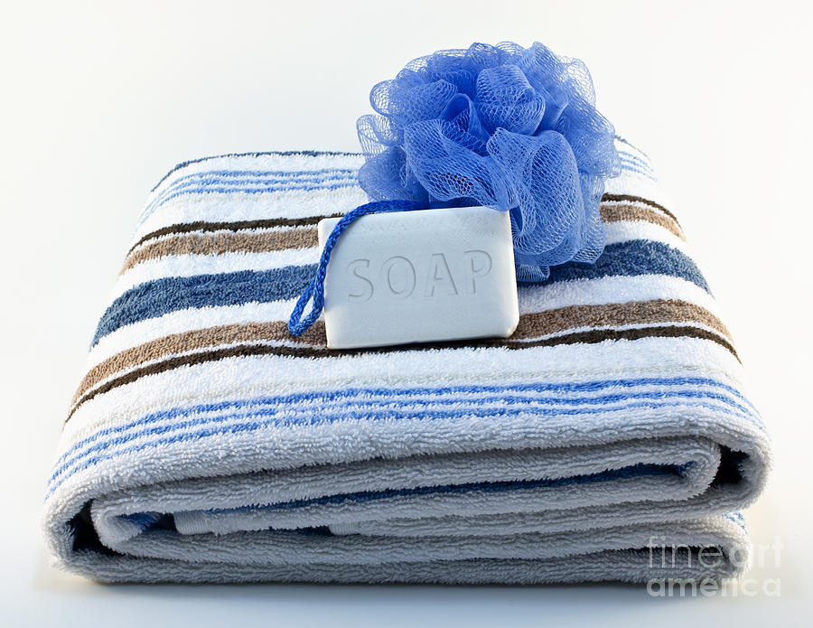 Striped Photograph - Towel with soap and sponge by Blink Images