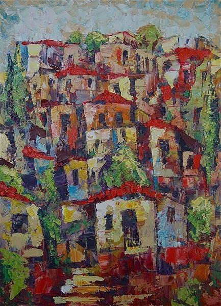 Landscape Painting - Town on a Hill by Avi Gorzhaltsan