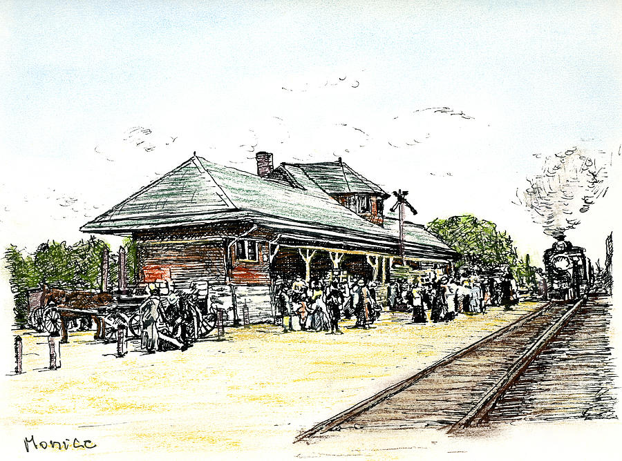 Landscape Drawing - Train Station color by Monica Cohen