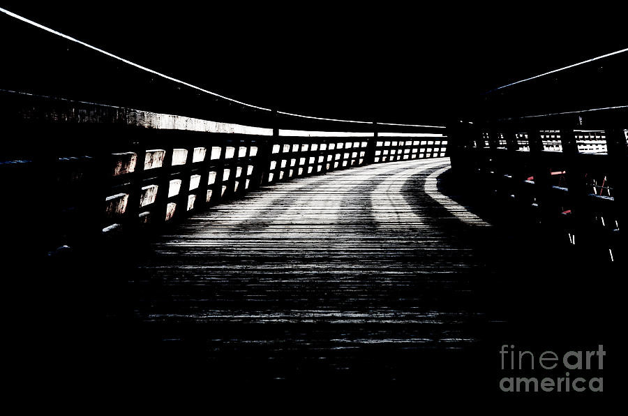 Black And White Photograph - TRESTLE CORRIDOR kinsol trestle railroad trail into darkness black and white by Andy Smy