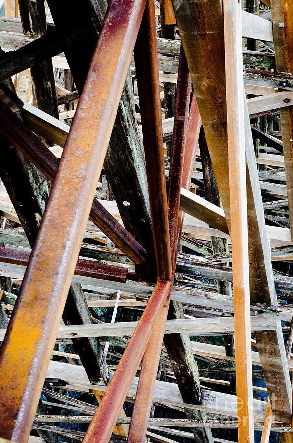 Bridge Photograph - TRESTLE LEGS kinsol trestle beams abstract looking down at river by Andy Smy
