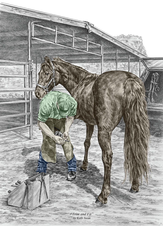 Trim and Fit - Farrier and Horse Print Color Tinted Drawing by Kelli Swan