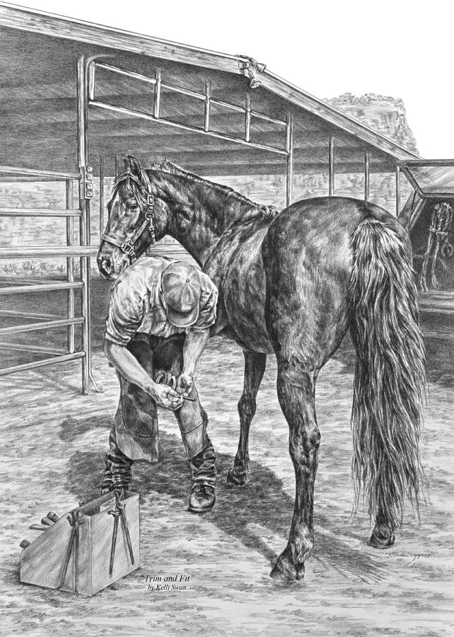 Black And White Drawing - Trim and Fit - Farrier with Horse Art Print by Kelli Swan
