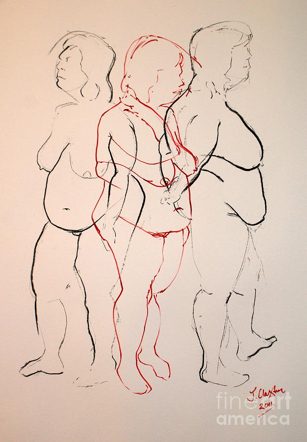 Tripple standing nude Drawing by Joanne Claxton
