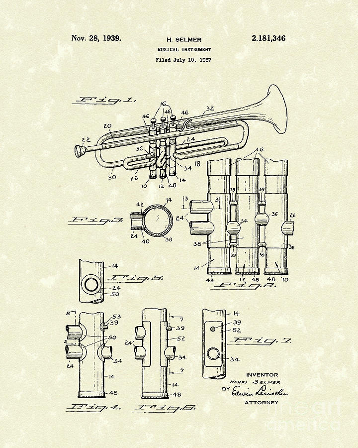 Trumpet 1939 Patent Art  Drawing by Prior Art Design