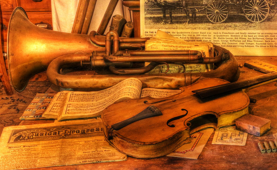 Trumpet and Stradivarius at Rest - Violin - nostalgia - vintage - music -instruments  Photograph by Lee Dos Santos