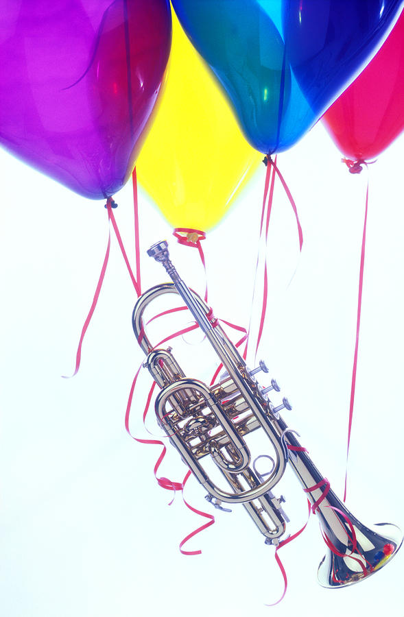 Trumpet Photograph - Trumpet lifted by balloons by Garry Gay