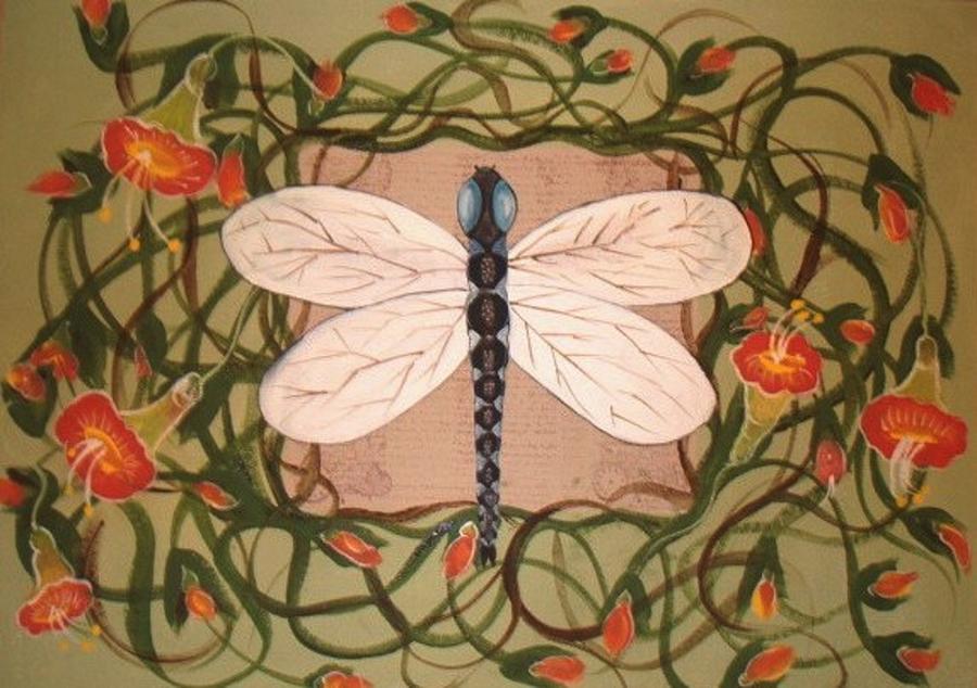 Trumpet Vine with Dragonfly Painting by Cindy Micklos