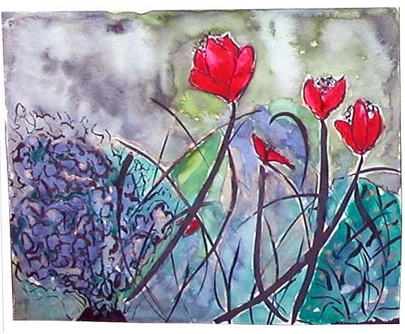 Tulip Painting - Tulips and Hydrangea by Margaret Ann Johnson Wilmot