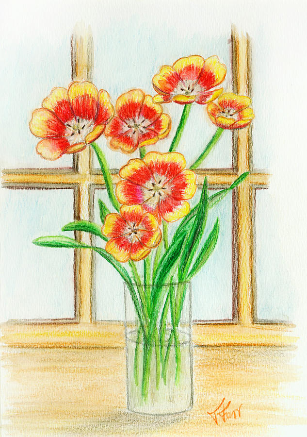 Tulips in a window Drawing by Tatiana Fess