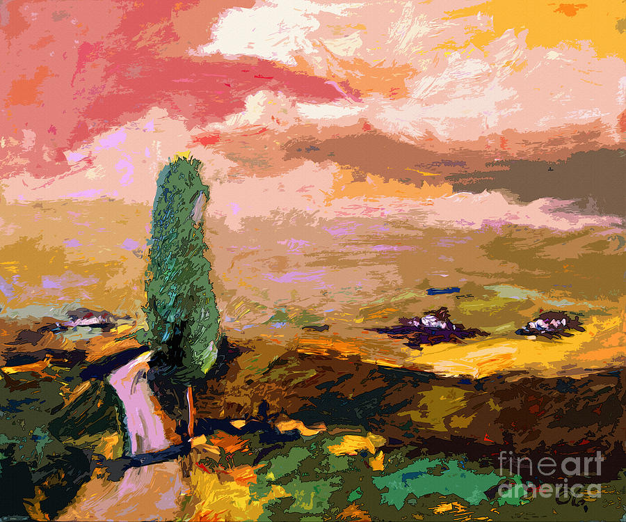 Tuscany Pink Sky Abstract Landscape Painting by Ginette Callaway