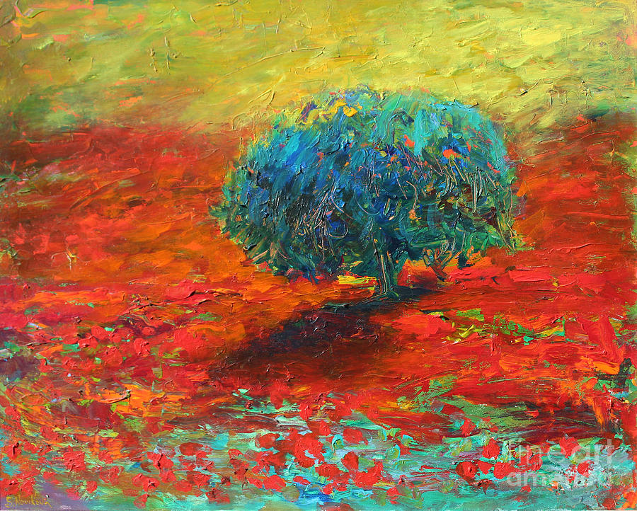 Tuscany poppy field tree landscape Painting by Svetlana Novikova